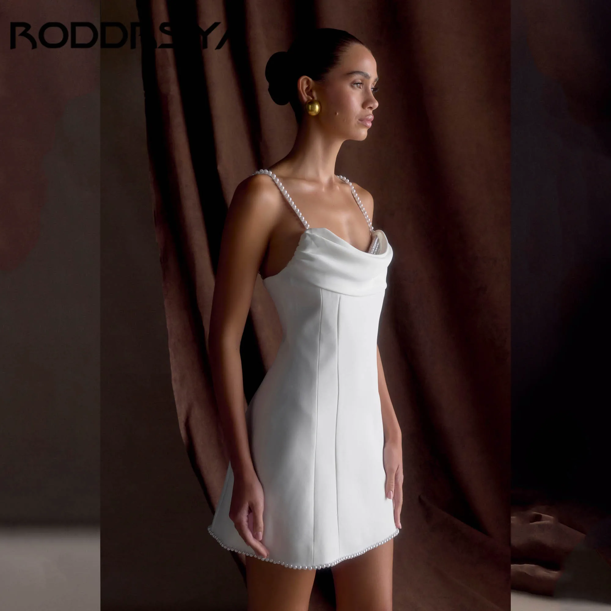 RODDRSYA Mini Pearls Bridal Party Dress Elegant Spaghetti Straps Satin Evening Gowns Backless Short vestidos de novia Customized