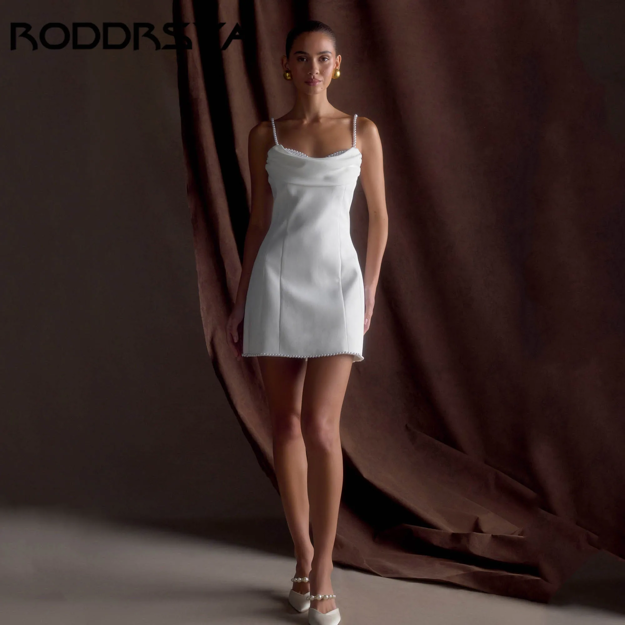 RODDRSYA Mini Pearls Bridal Party Dress Elegant Spaghetti Straps Satin Evening Gowns Backless Short vestidos de novia Customized