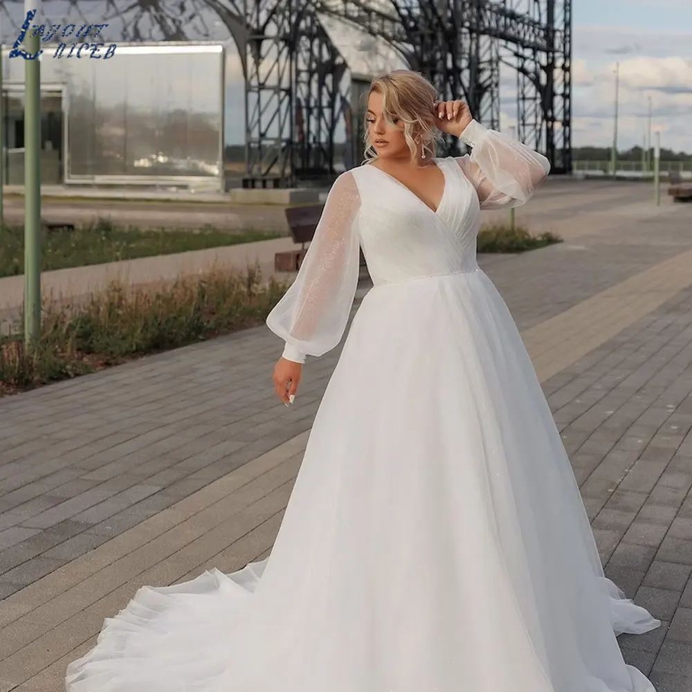 LAYOUT NICEB V-Neck Full Puff Sleeves Bridal Gowns 2024 Backless A-Line Tulle Wedding Dresses Back Lace Up Vestidos De Fiesta
