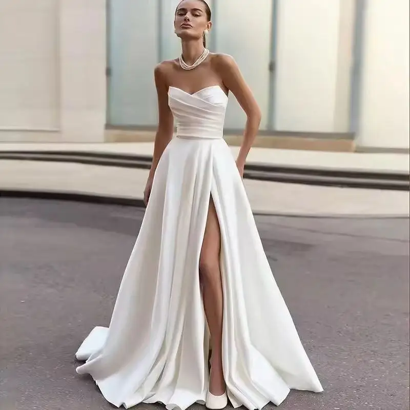 Strapless Satin Simple Wedding Dresses Side High Slit Corset Back Bridal Gown Customized A Line Minimalist Wedding Gown