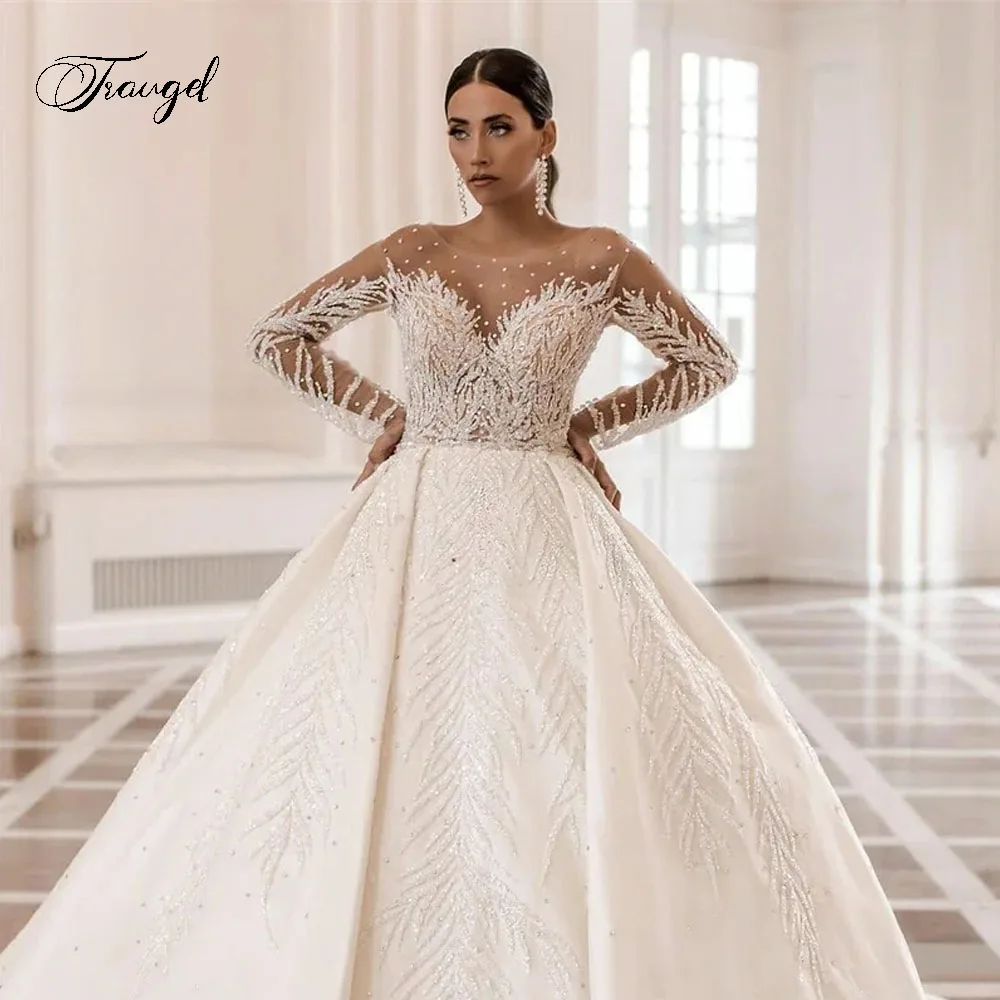 Customized Sexy Backless Long Sleeve Crystal Ball Gown Wedding Dresses Exquisite Appliques Court Train Vintage Bridal Gown