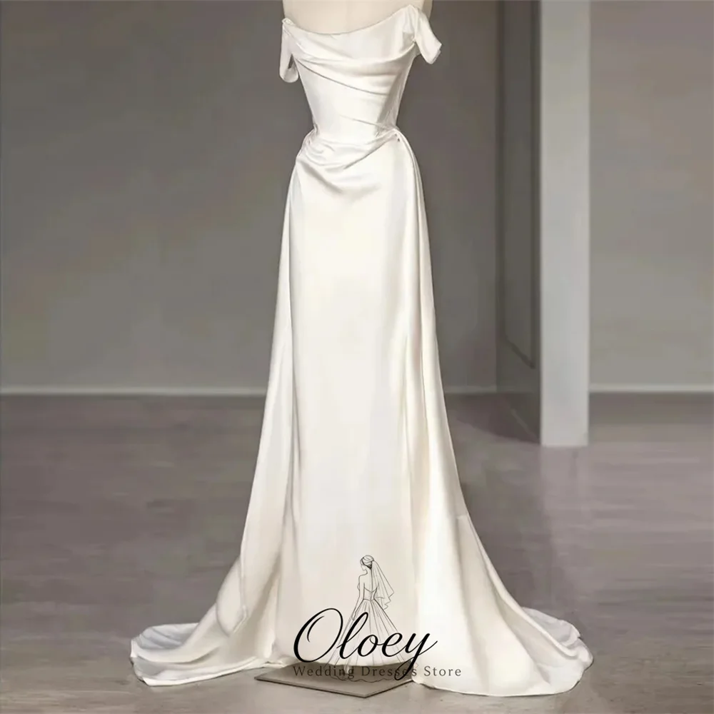 OLOEY Customized Minimal Off The Shoulder Satin Bridal Gown Mermaid Short Sleeve Korea Wedding Dress Photo Shoot Lawn Wedding