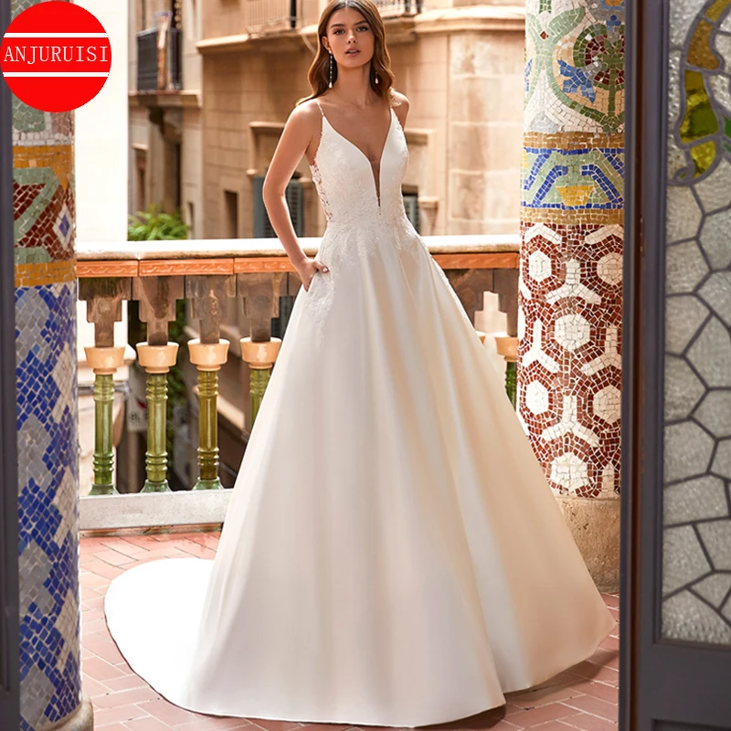 Spaghetti Strap A Line Wedding Gown For Women 2026 Lace Appliques Soft Satin Wedding Dress Reception Bride Gown Vestido De Noiva