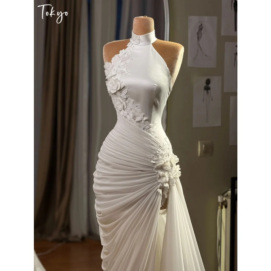 Tokyo Customized Sweep Train Satin Prom Dress Halter Neck vestidos de noche Multilayer Pleats 3D Flower Evening Dresses 2026