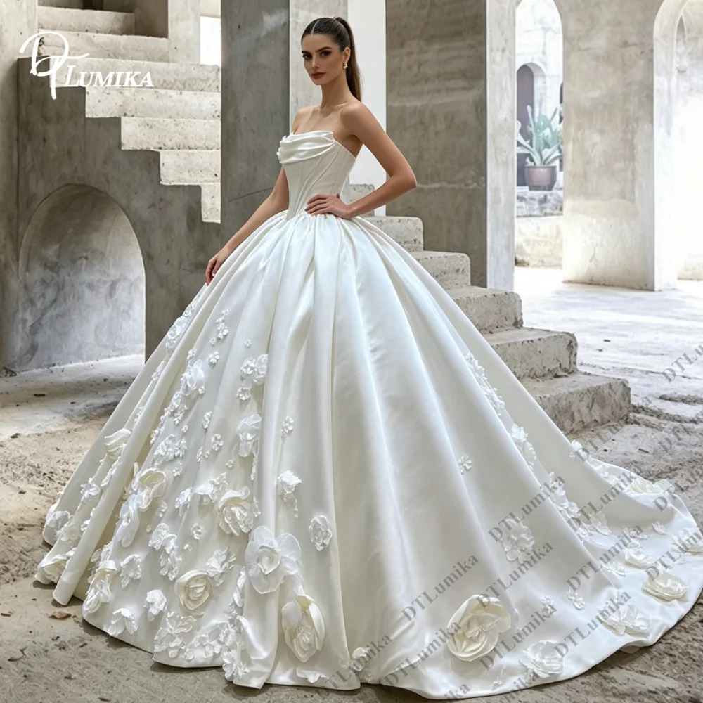 Strapless Draped Neck Corset Bridal Gown Customized Ball Gown Wedding Dress Puffy 3D Floral Bride Dresses Wedding Ceremony