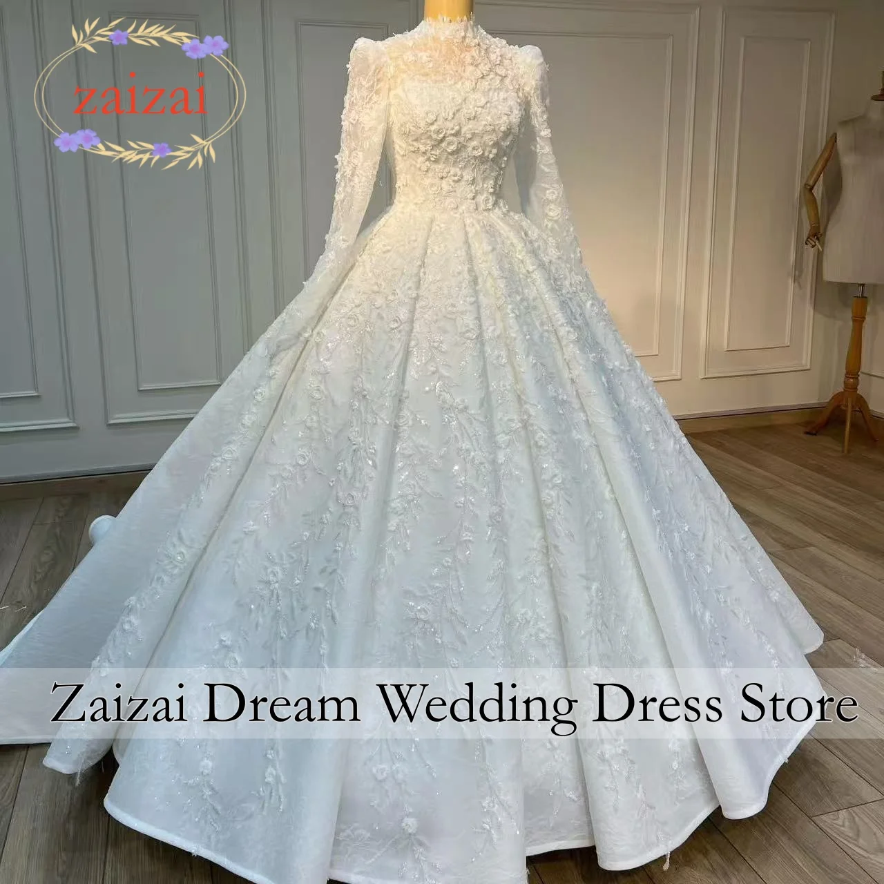 Customized Luxury 3D Floral Wedding Dresses High Neck Bridal Ball Gowns Long Sleeves Princess Bride Dress Vestidos De Novia