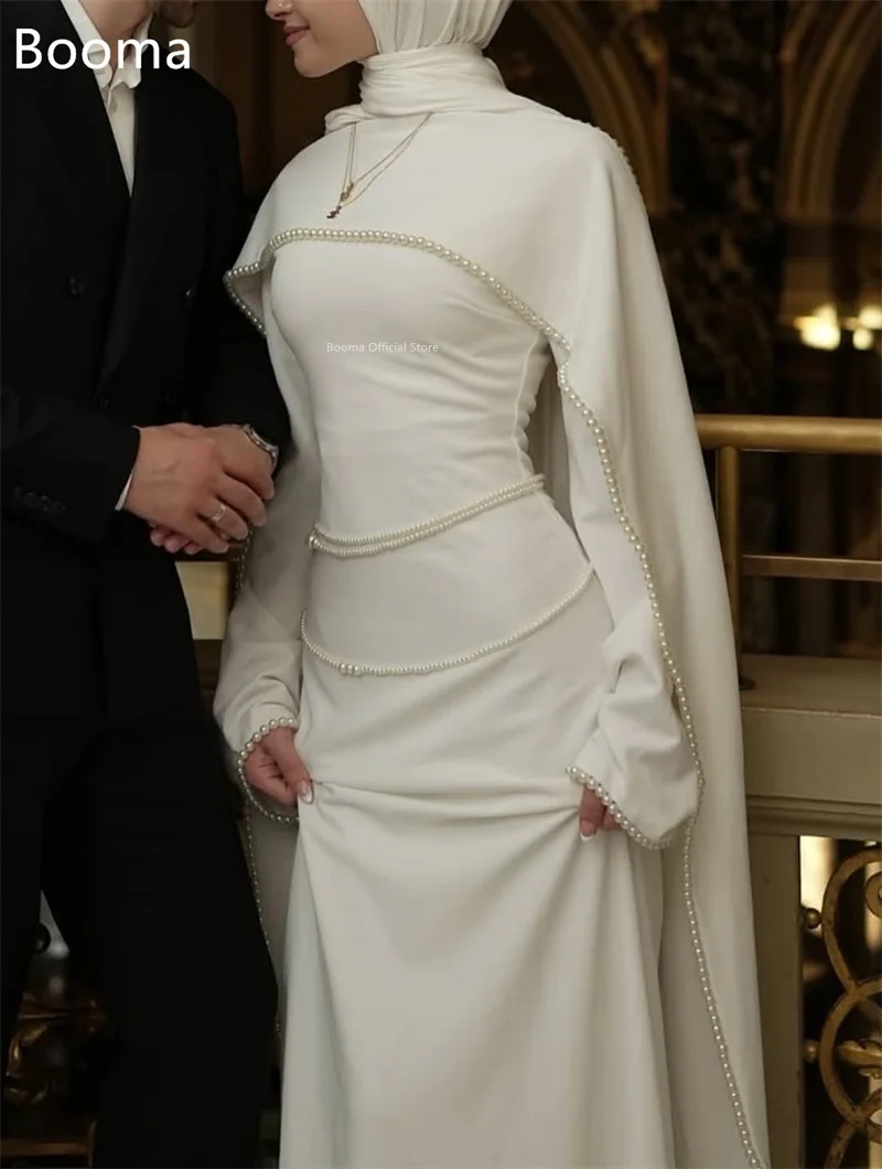 Booma Mermaid Long Pearls Simple Wedding Dresses Long Sleeve Pleat Elegant Brides Gown Custom Made 2025