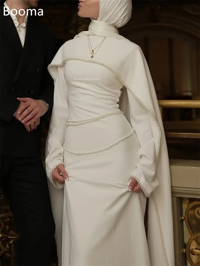 Booma Mermaid Long Pearls Simple Wedding Dresses Long Sleeve Pleat Elegant Brides Gown Custom Made 2025