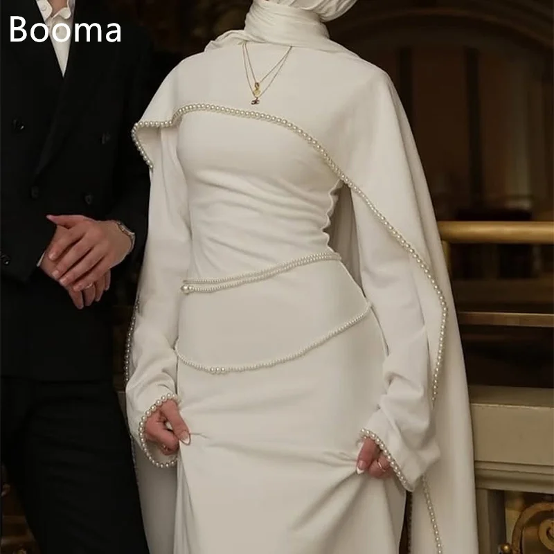 Booma Mermaid Long Pearls Simple Wedding Dresses Long Sleeve Pleat Elegant Brides Gown Custom Made 2025