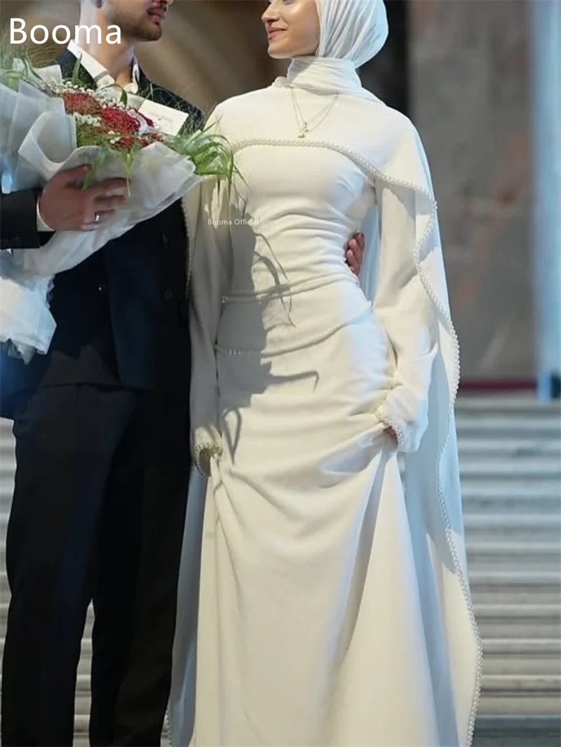 Booma Mermaid Long Pearls Simple Wedding Dresses Long Sleeve Pleat Elegant Brides Gown Custom Made 2025