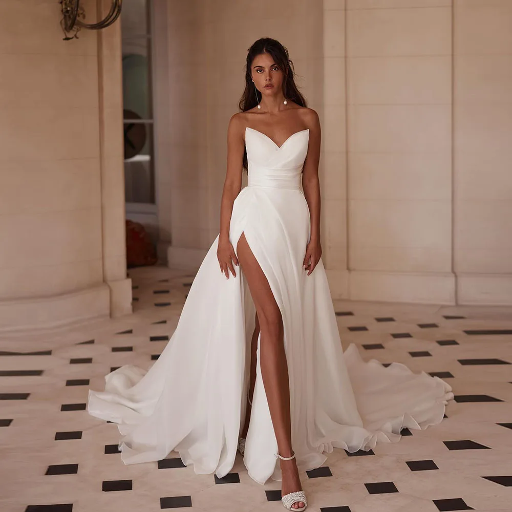 Customized Charming Pleat A Line Organza Wedding Dresses High Slit Formal Bridal Gowns Wedding Photography Wear robe de mariée