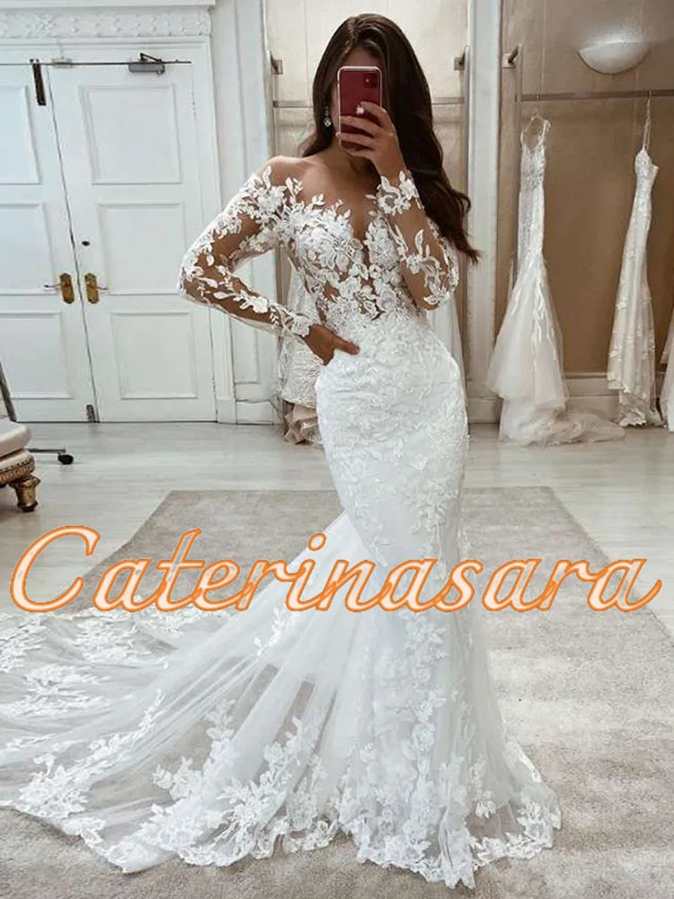 Wedding Dresses Mermaid Lace Long Sleeves Gown Vintage White Ivory Custom Made Luxury Bridal Dress