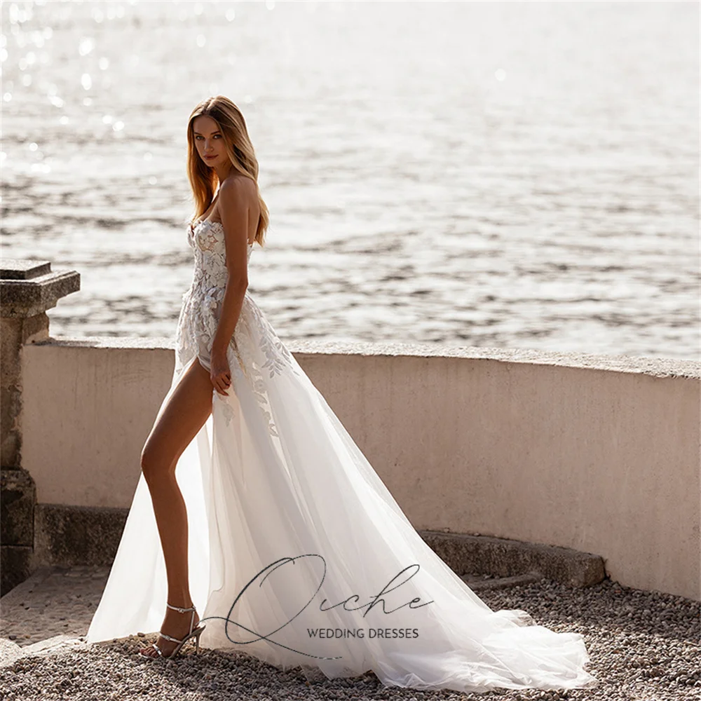 QICHE Sexy Lace Appliqued A-Line Tulle Wedding Dresses Off The Shoulder Open Back Strapless Pleat Vestidos De Novia Customized
