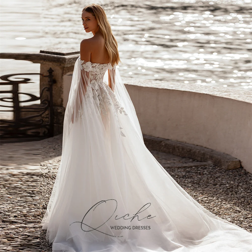 QICHE Sexy Lace Appliqued A-Line Tulle Wedding Dresses Off The Shoulder Open Back Strapless Pleat Vestidos De Novia Customized