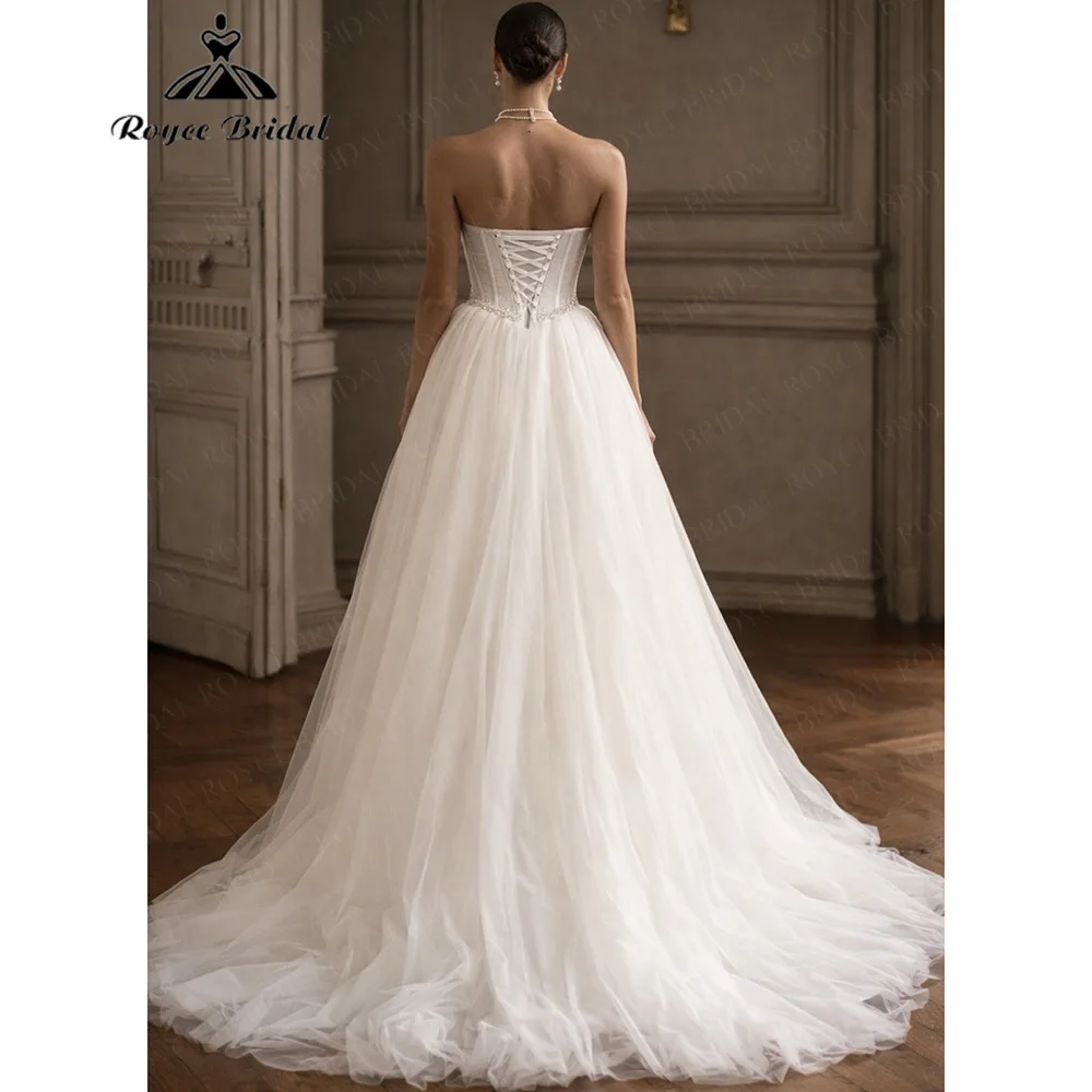 Roycebridal Vintage Tulle Wedding Dress Beaded Bodice Novias Vestidos Strapless Bridal Gowns A Line Chapel Train Customized