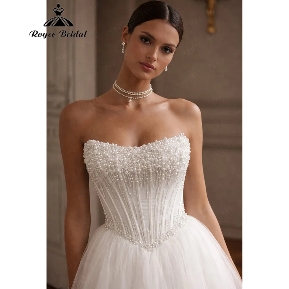 Roycebridal Vintage Tulle Wedding Dress Beaded Bodice Novias Vestidos Strapless Bridal Gowns A Line Chapel Train Customized