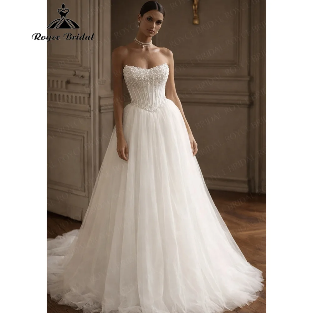 Roycebridal Vintage Tulle Wedding Dress Beaded Bodice Novias Vestidos Strapless Bridal Gowns A Line Chapel Train Customized