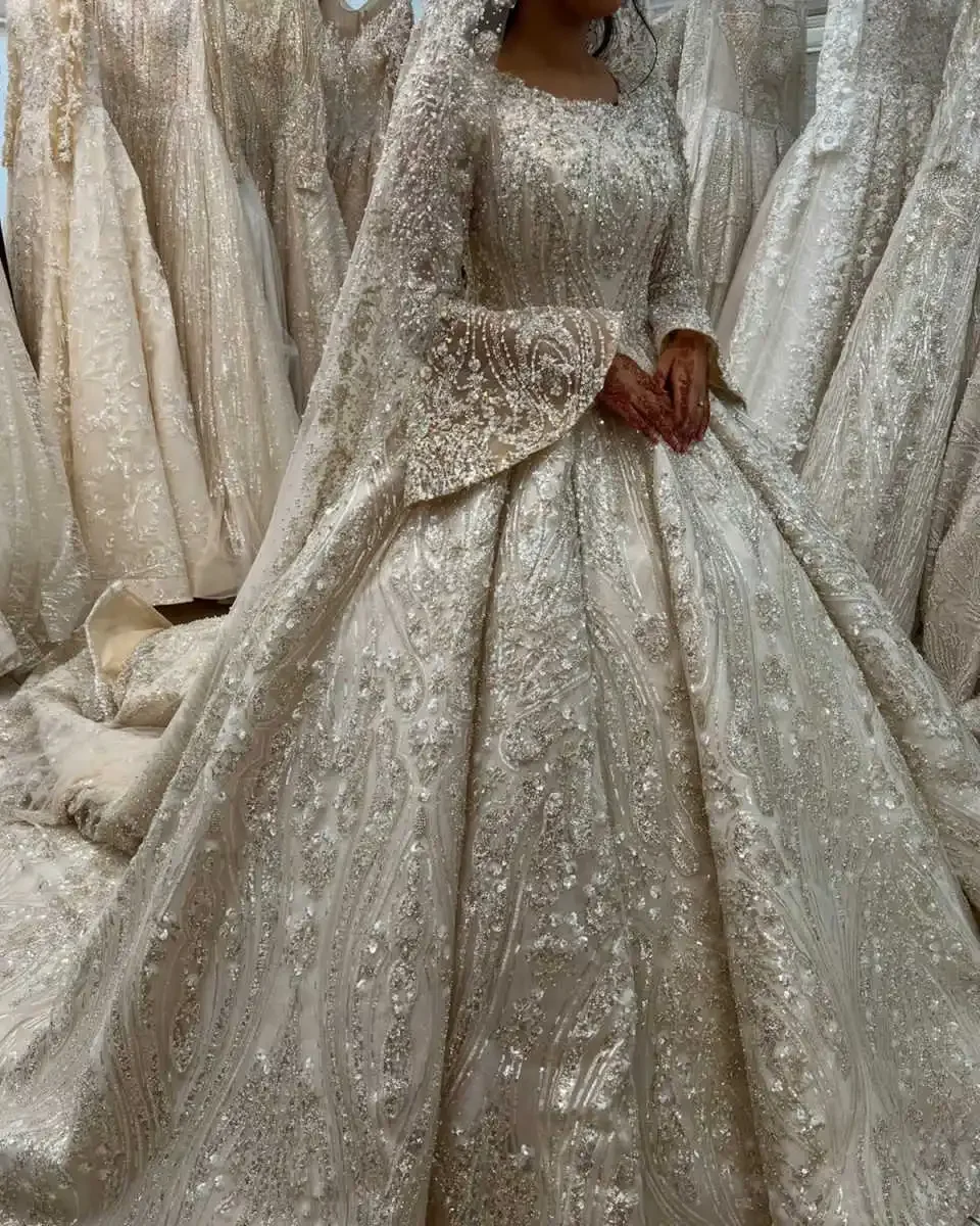 Customized Muslim Wedding Dresses Ball Gowns Middle East Beaded Bride Dresses Long Sleeve Vestido de novia amanda novias oficial