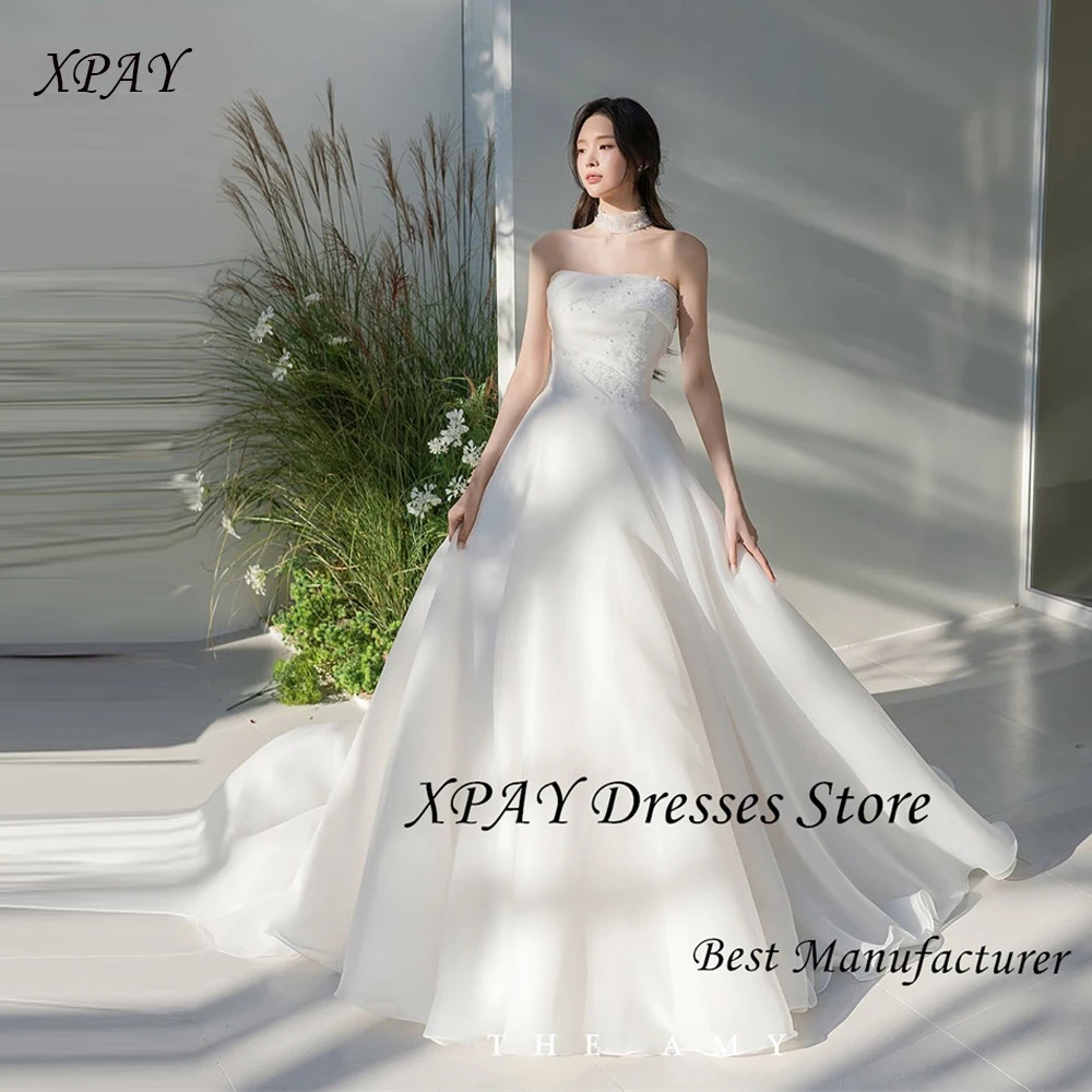 XPAY Princess Silk Organza A Line Wedding Dresses Photo shoot Strapless Beads Floor Length Bridal Gowns Korea Customized Corset