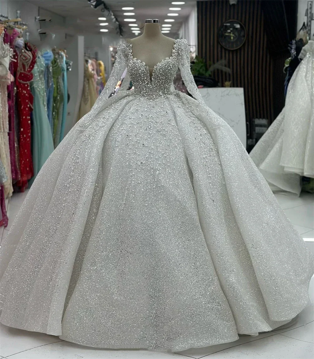 Customized Luxury Princess Wedding Dresses Sweetheart Neck Long Sleeves Vestido De Novia Lace Sequined Bride Robe De Mariee