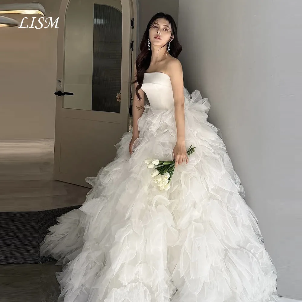 LISM Strapless A-Line Korea Japan Wedding Dresses Ball Gowns Silk Satin Tulle Photo Shoot Elegant Bridal Gowns 웨딩드레스