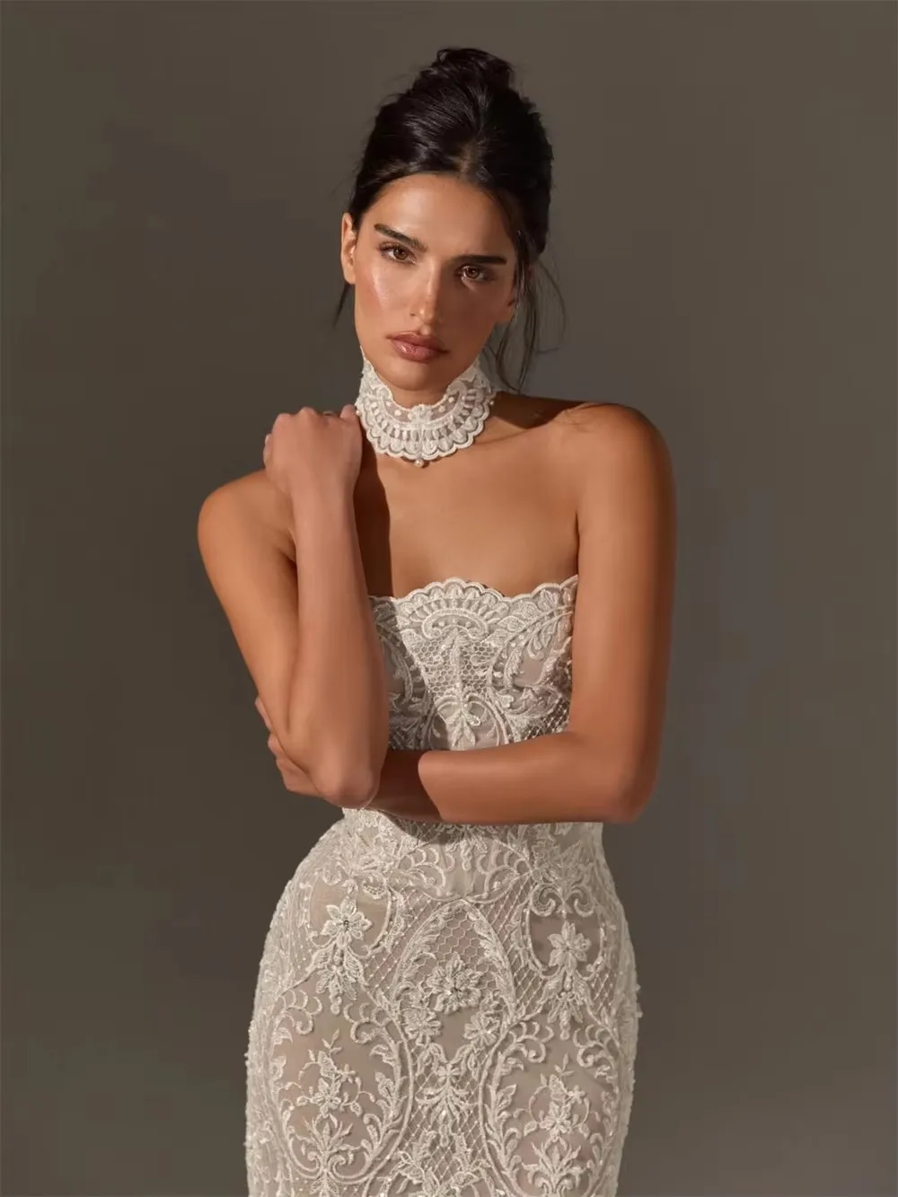 OLOEY Luxury Ivory Lace Mermaid Wedding Dresses Sexy Strapless Sleeveless Tea-Length Bridal Gowns Vestidos De Novia