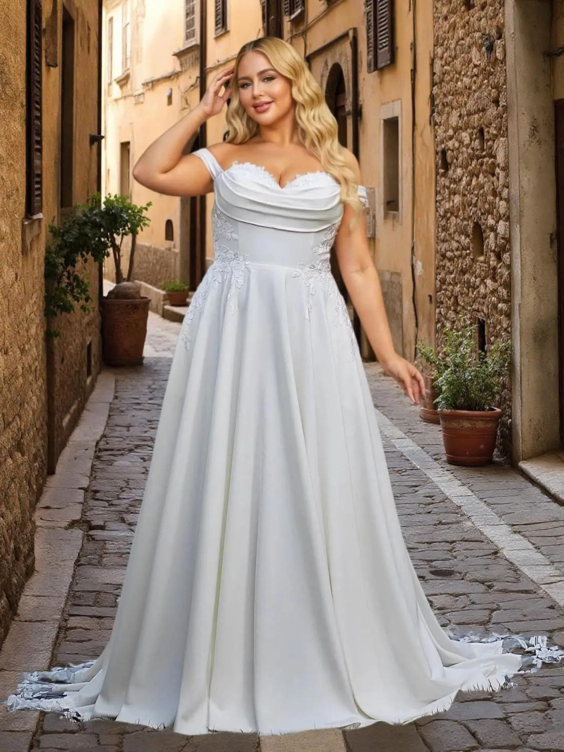 Elegant Off Shoulder Satin Wedding Dresses for Bride with Pockets Corset A Line Bridal Gown with Train