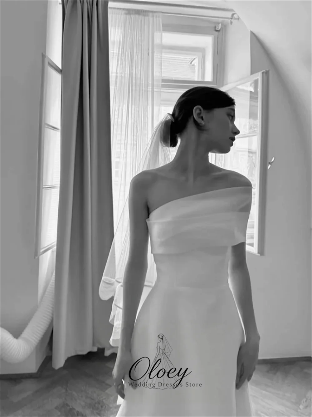 OLOEY Asymmetric Off The Shoulder Simple Korea Wedding Dress Photo Shoot 웨딩드레스 Customized A-Line Bridal Gown Lawn Wedding