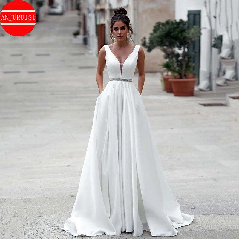 Simple A Line Wedding Gown For Women 2026 V Neck Soft Satin Wedding Dress Reception Party Bride Gown Vestido De Noiva