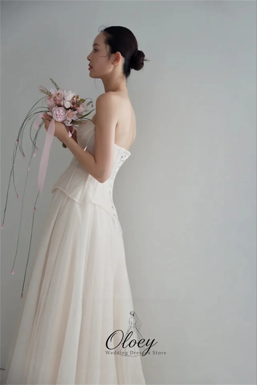 OLOEY Simple Tulle Sweetheart Collar Korea Wedding Dress Photo Shoot Pleat A-Line Bridal Gown Customized Garden Wedding Dress