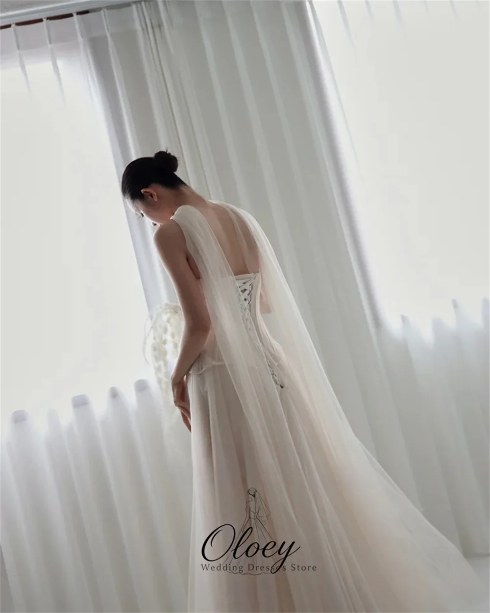OLOEY Simple Tulle Sweetheart Collar Korea Wedding Dress Photo Shoot Pleat A-Line Bridal Gown Customized Garden Wedding Dress