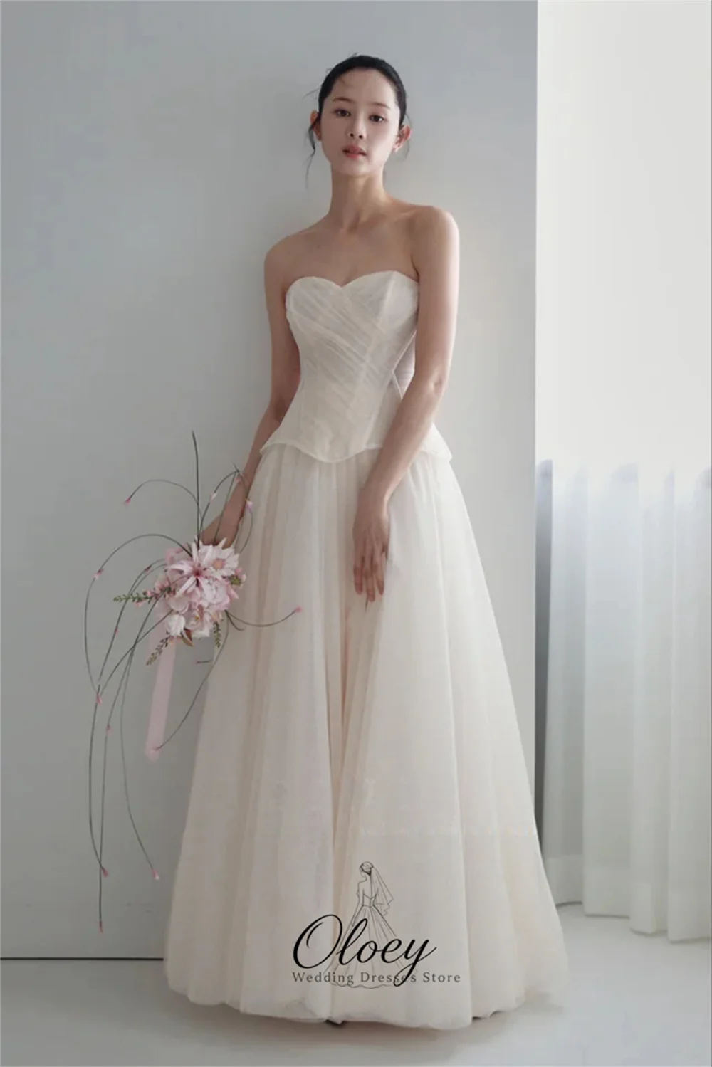 OLOEY Simple Tulle Sweetheart Collar Korea Wedding Dress Photo Shoot Pleat A-Line Bridal Gown Customized Garden Wedding Dress