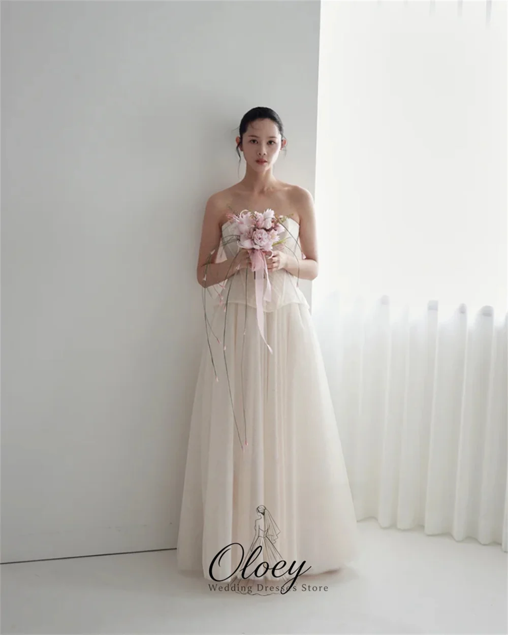 OLOEY Simple Tulle Sweetheart Collar Korea Wedding Dress Photo Shoot Pleat A-Line Bridal Gown Customized Garden Wedding Dress