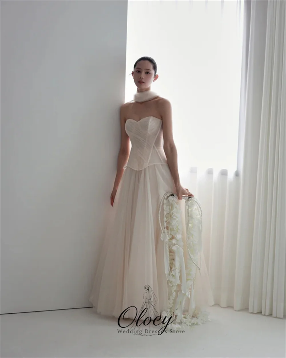 OLOEY Simple Tulle Sweetheart Collar Korea Wedding Dress Photo Shoot Pleat A-Line Bridal Gown Customized Garden Wedding Dress