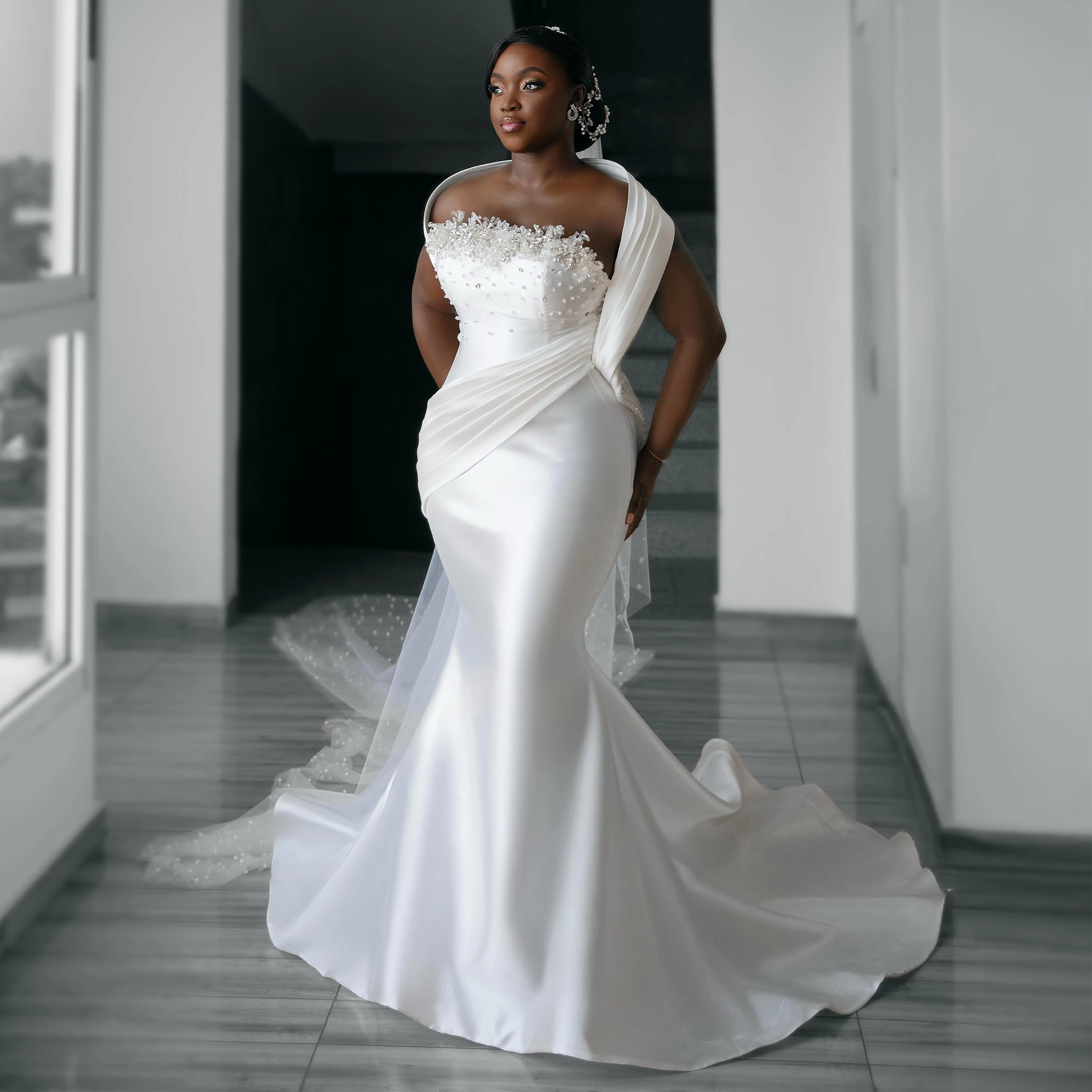 Luxury Mermaid Wedding Dresses Hand-Beaded Beach Nigeria African Aso Ebi vestido Bridal Dress Ruffles Train Elegant Customized