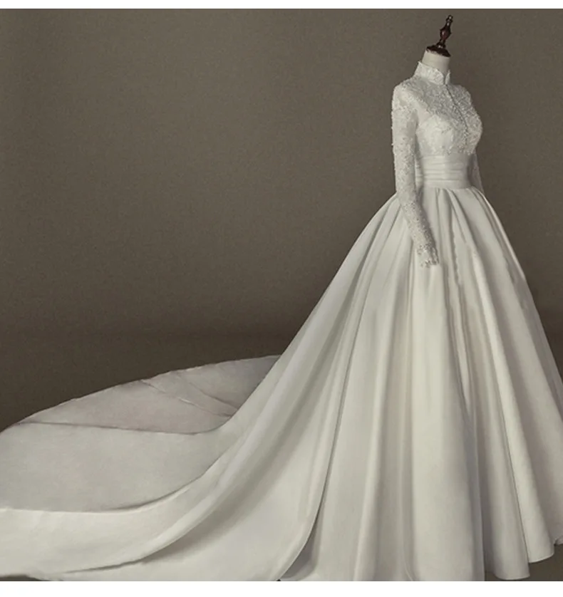 Long Sleeved Satin Wedding Dress With Lace Embroidery Nail Bead Embroidery Slim Fit Palace Style Long Tailed Dress Customized