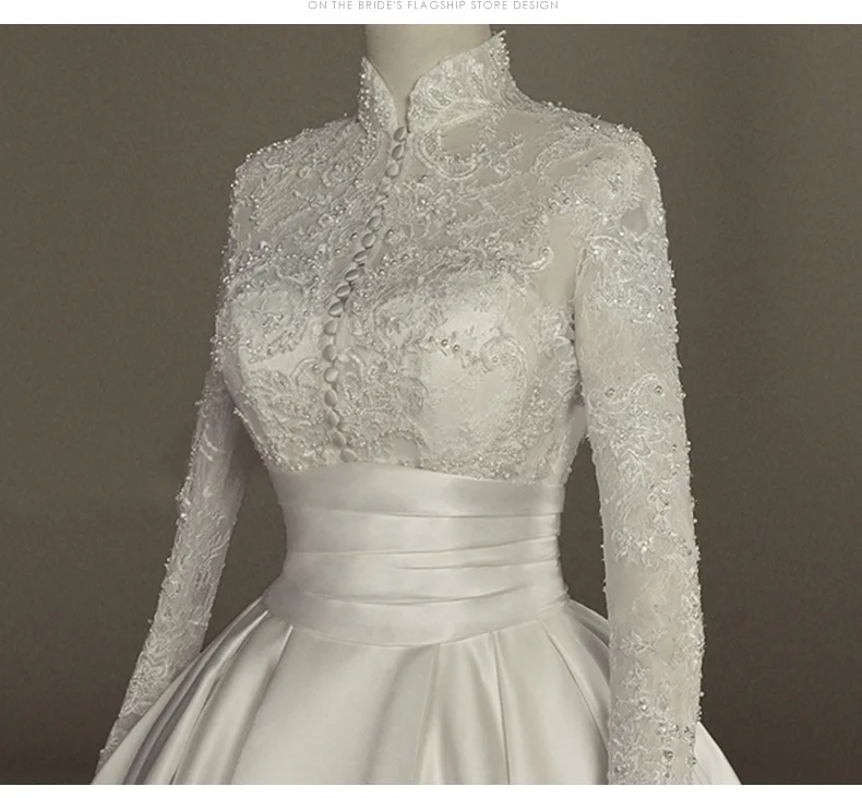 Long Sleeved Satin Wedding Dress With Lace Embroidery Nail Bead Embroidery Slim Fit Palace Style Long Tailed Dress Customized
