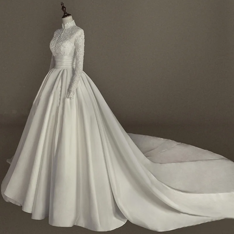 Long Sleeved Satin Wedding Dress With Lace Embroidery Nail Bead Embroidery Slim Fit Palace Style Long Tailed Dress Customized