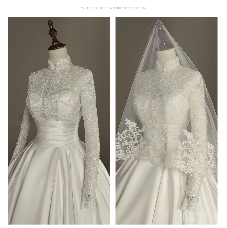 Long Sleeved Satin Wedding Dress With Lace Embroidery Nail Bead Embroidery Slim Fit Palace Style Long Tailed Dress Customized
