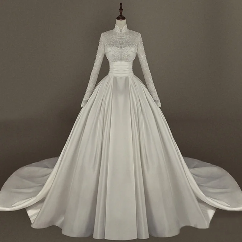 Long Sleeved Satin Wedding Dress With Lace Embroidery Nail Bead Embroidery Slim Fit Palace Style Long Tailed Dress Customized
