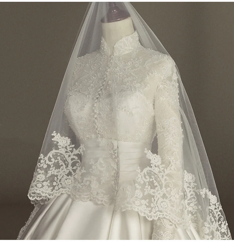 Long Sleeved Satin Wedding Dress With Lace Embroidery Nail Bead Embroidery Slim Fit Palace Style Long Tailed Dress Customized