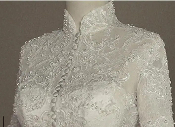 Long Sleeved Satin Wedding Dress With Lace Embroidery Nail Bead Embroidery Slim Fit Palace Style Long Tailed Dress Customized