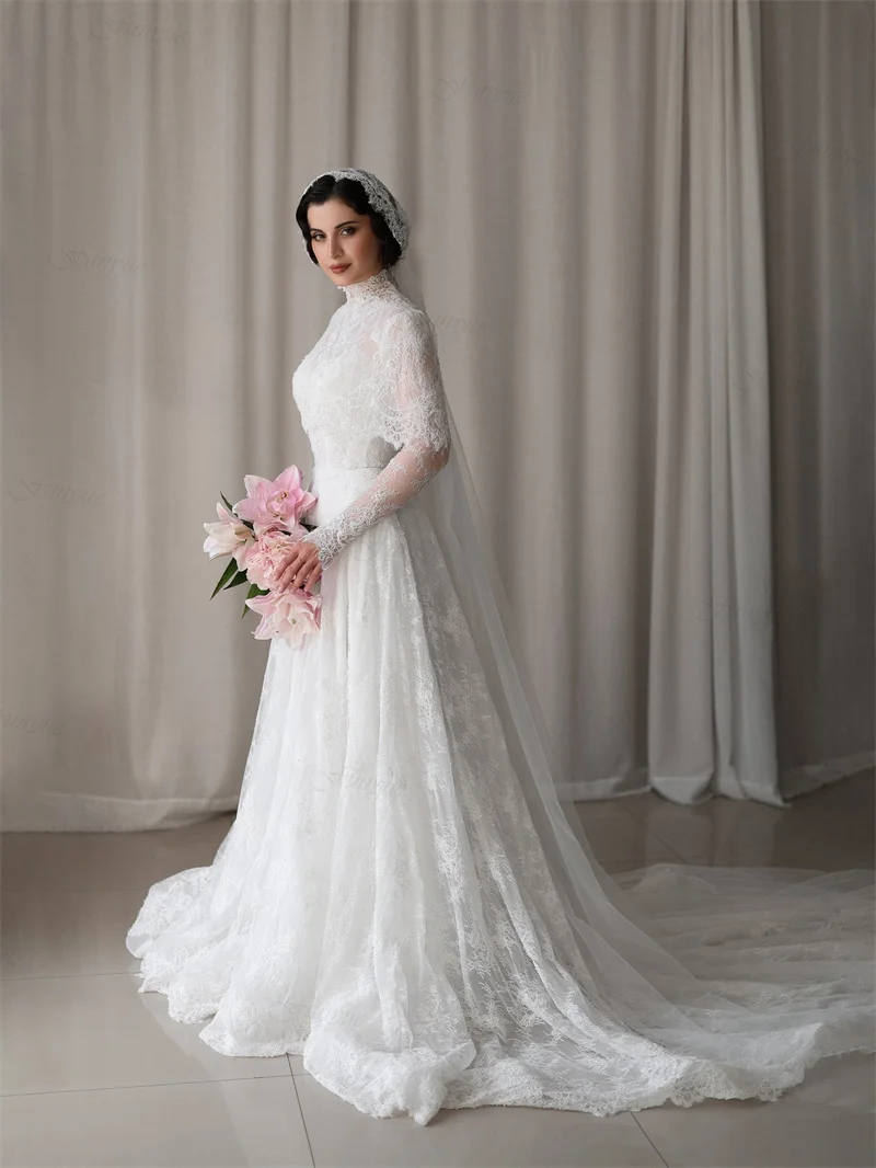 Customized Full Sleeves French Wedding Dress with Bridal Veil Lace Cape A-Line Hijab Bride Gowns Long Robe De Mariée 2026 New