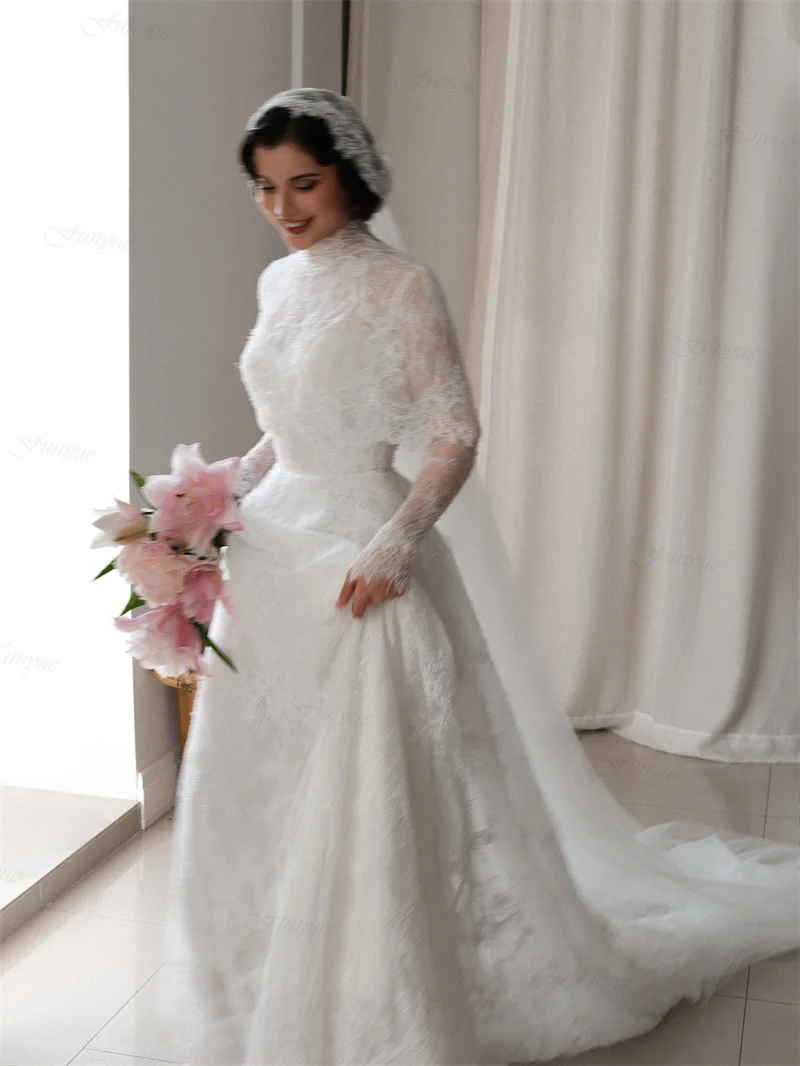 Customized Full Sleeves French Wedding Dress with Bridal Veil Lace Cape A-Line Hijab Bride Gowns Long Robe De Mariée 2026 New