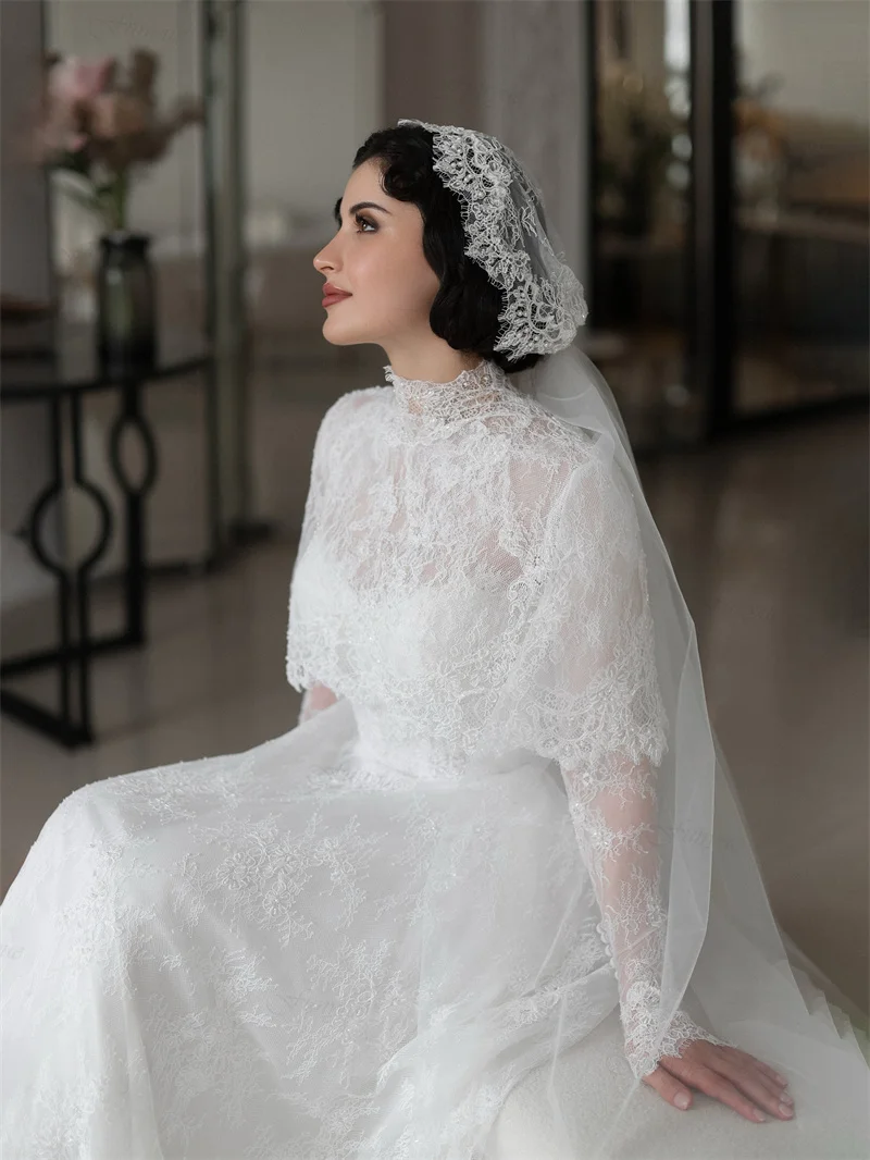 Customized Full Sleeves French Wedding Dress with Bridal Veil Lace Cape A-Line Hijab Bride Gowns Long Robe De Mariée 2026 New