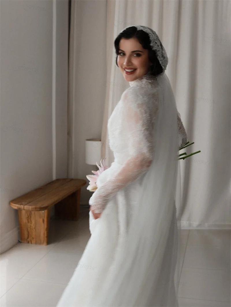Customized Full Sleeves French Wedding Dress with Bridal Veil Lace Cape A-Line Hijab Bride Gowns Long Robe De Mariée 2026 New