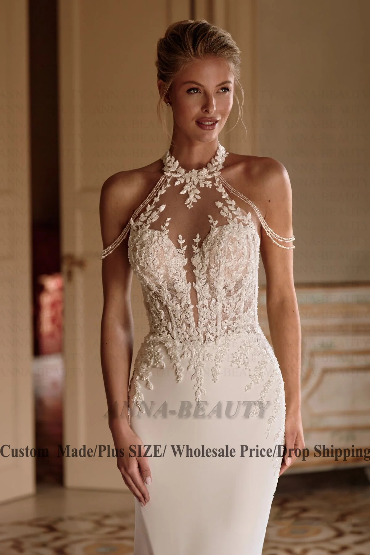 Anna Classic Halter Wedding Dress Woman Bride Sleeveless Appliques Satin Mermaid Zipper Brush Train Vestidos Customised