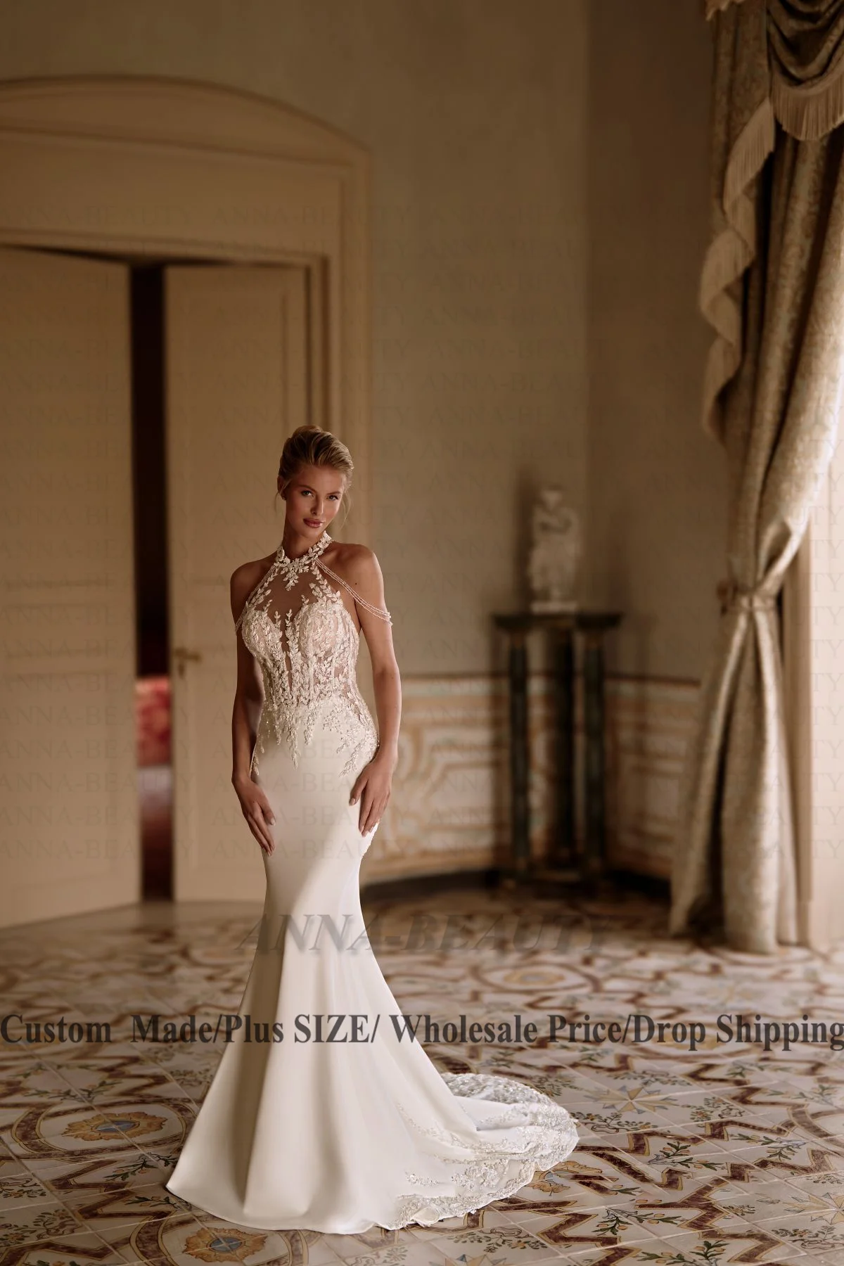 Anna Classic Halter Wedding Dress Woman Bride Sleeveless Appliques Satin Mermaid Zipper Brush Train Vestidos Customised