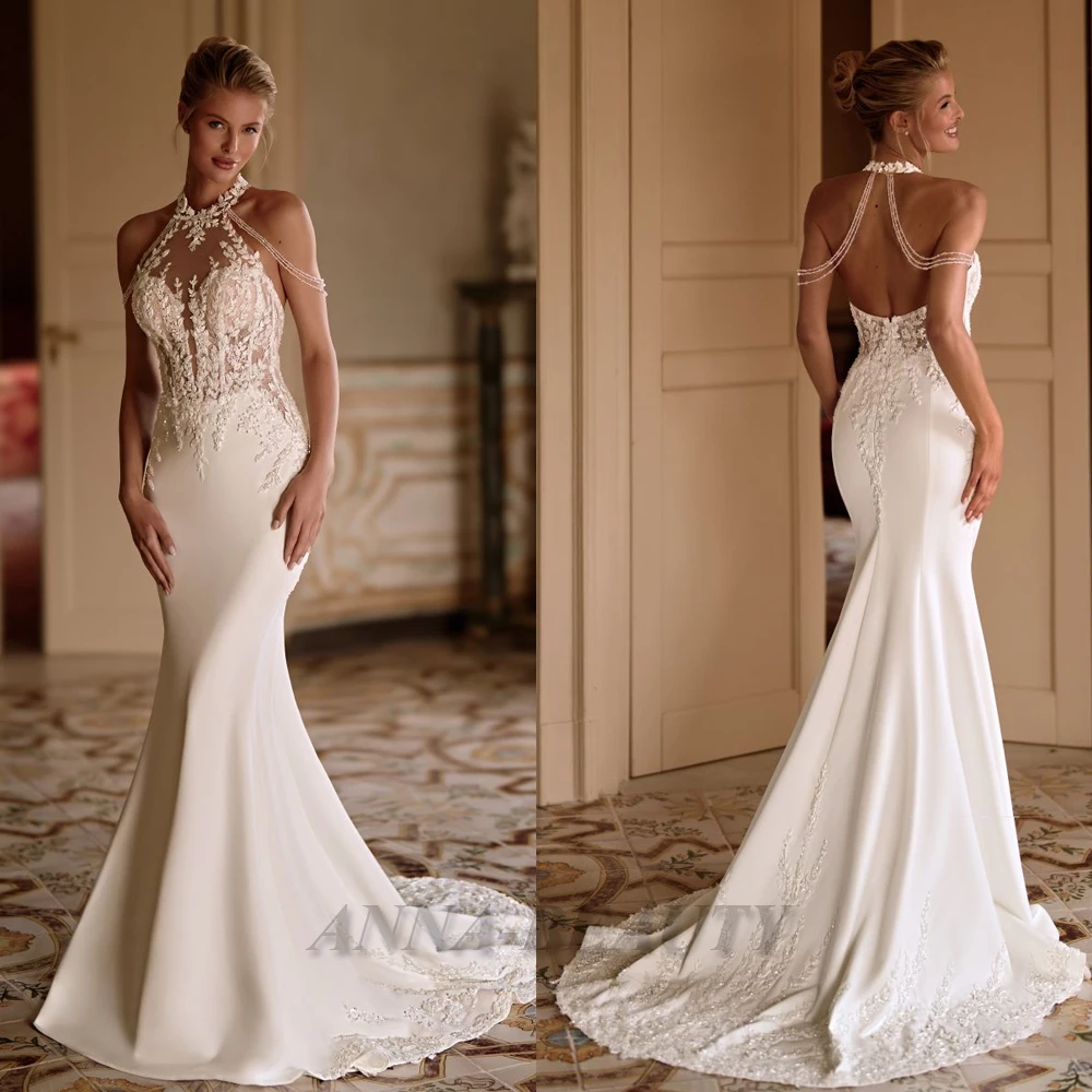 Anna Classic Halter Wedding Dress Woman Bride Sleeveless Appliques Satin Mermaid Zipper Brush Train Vestidos Customised