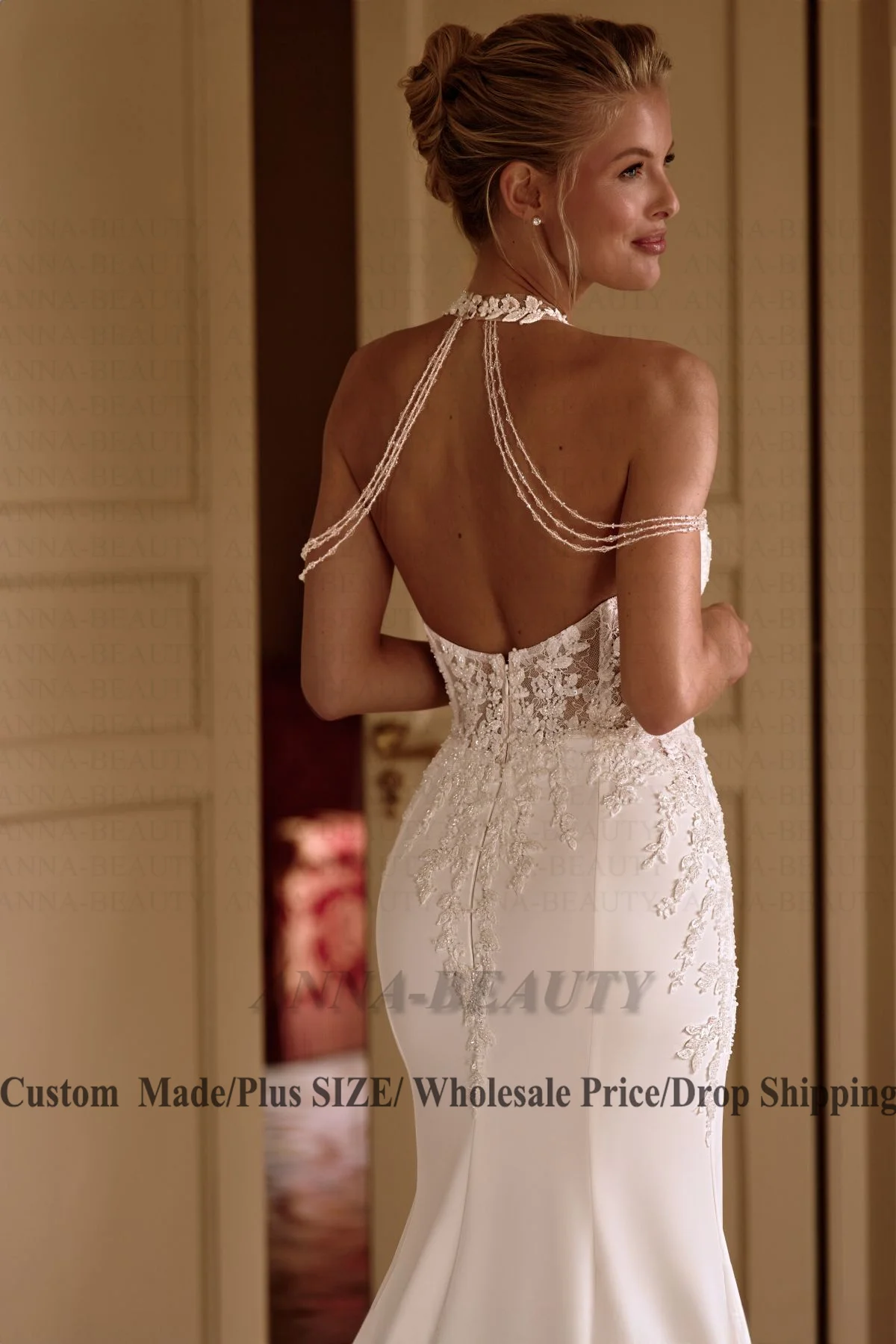 Anna Classic Halter Wedding Dress Woman Bride Sleeveless Appliques Satin Mermaid Zipper Brush Train Vestidos Customised